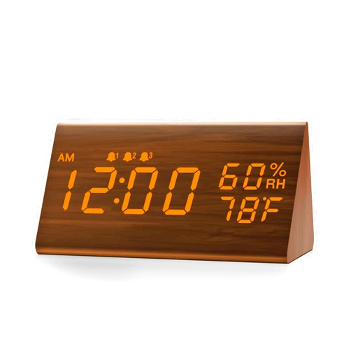 JALL Digital Alarm Clock, with Wooden Electronic LED Time Display, 3 Alarm Settings, Humidity & Temperature Detect, Wood Made Electric Clocks for Bedroom, Bedside (Brown)