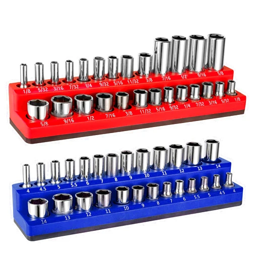 ALOANES 52-Slot Magnetic Socket Organizer, 2PC Socket Holder Kit, 1/4-inch Drive Premium Socket Tray Holders,for Standard and Deep Metric SAE Sockets, Heavy Duty Tools Organizer(Red&Blue)