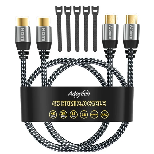 Adoreen 4K HDMI Cable 8 Feet/2 Pack,High Speed 18Gbps Braided HDMI 2.0 Cable Cord,4K@60Hz,2K,1080P,ARC HDR HDCP 3D,Sturdy&Flexible&Untangled&Supreme Texture,Compatible Monitor UHD TV PC PS5 Xbox+5 Ties