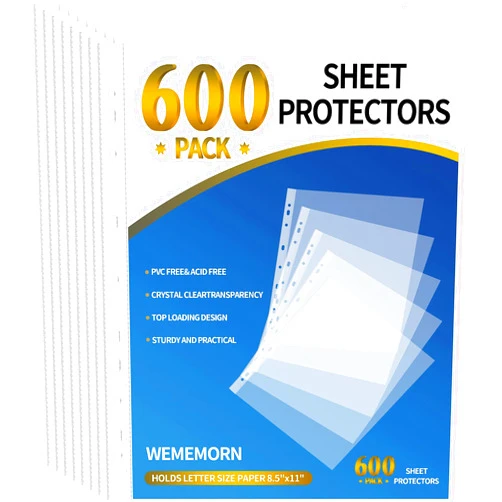 WEMEMORN 600 Pack Sheet Protectors, Clear Page Protectors 11-Hole Fit for 3 Ring Binder, Plastic Sleeves for Binders, Top Loading Paper Protector Letter Size 8.5 x 11 Paper, Documents, Photos