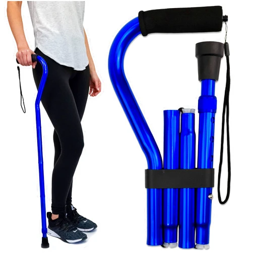 RMS Folding Cane with Offset Foam Handle, Adjustable Walking Stick with Carrying Pouch (Blue)