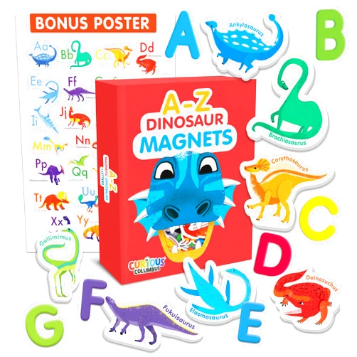 Curious Columbus Dinosaur Toddler Magnets for Refrigerator | Set of 52 Kids Fridge Magnets with 26 Magnetic Letters from A-Z and 26 Magnetic Dinosaurs | Large Paper Dino Poster Included