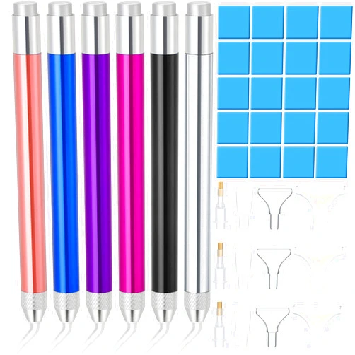 Outus 6 Pieces LED Diamond Drill Pen Point Drill Pen with Light 5D Painting Tool 15 Pieces Replacement Pen Heads 20 Pieces Painting Glue Clay for Nail Art DIY Decoration