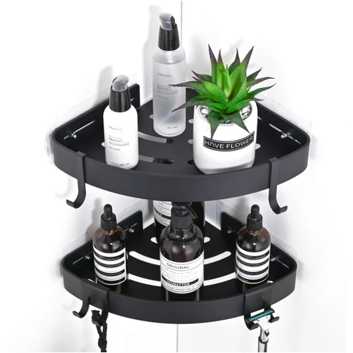 DUFU Adhesive Corner Shower Caddy with Hooks,Bathroom Shower Organizer, No Drilling Rust Proof Aluminum Shower Shelf for Inside Shower 2 Pack (Black)