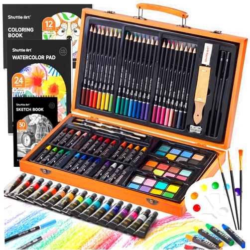 Shuttle Art 118 Piece Deluxe Art Set, Art Supplies in Wooden Case, Painting Drawing Art Kit with Acrylic Paint Pencils Oil Pastels Watercolor Cakes Coloring Book Watercolor Sketch Pad for Kids Adults