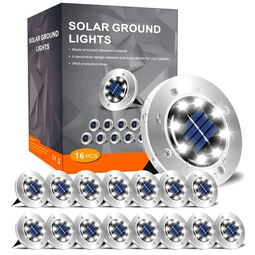 INCX Solar Ground Lights, 16 Packs 8 LED Garden Solar Powered Disk Lights Waterproof In-Ground Outdoor Landscape Lighting for Patio Pathway Lawn Yard Deck Driveway Walkway, Cold White