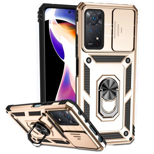Cyberland Xiaomi RedMi Note 11 PRO 4G/5G Case Slide Camera Lens Military Grade Bumpers Armor with Magnetic Kickstand Cover for Xiaomi RedMi Note 11 PRO 4G/5G (6.67'') (Gold)