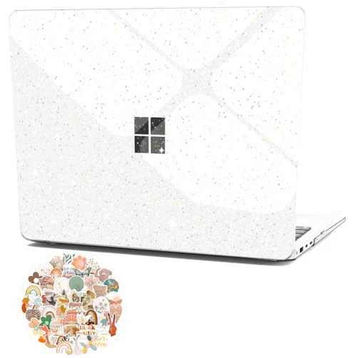 G JGOO Compatible with 13.8 inch Microsoft Surface Laptop 7 Case Touchscreen 2024 (7th Edition) Model 2036, Clear Glitter Plastic Hard Shell Case + Keyboard Cover + 50 Pcs Laptop Stickers, Sparkly