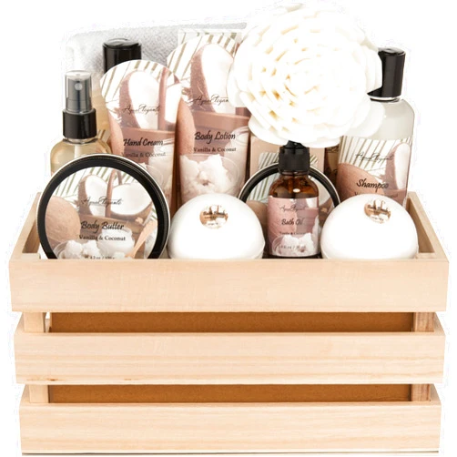 Aqua Elegante Bath Spa Gift Sets - Luxury Basket With Coconut & Vanilla - Spa Kit Includes Wash, Bubble Bath, Lotion, Bath Salts, Body Scrub, Body Spray, Shower Puff, Bathbombs, Soap and Towel