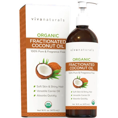 Viva Naturals Organic Fractionated Coconut Oil - Skin & Hair Moisturizer, Relaxing Massage and Body Oil, Carrier Oil for Essential Oils Mixing, Pure Non-Greasy Coconut Oil for Skin and Hair, 16 fl oz