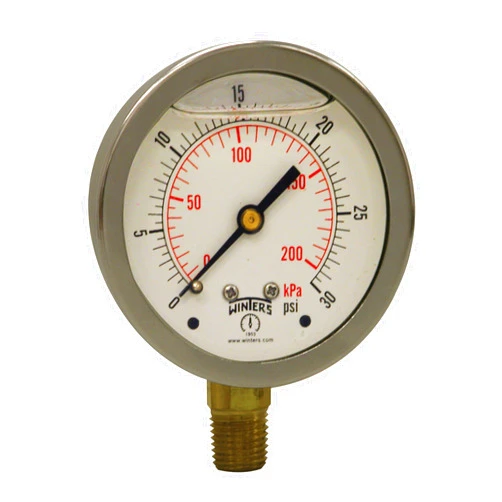 Winters Instruments - PFQ802 -802 PFQ Series Stainless Steel 304 Dual Scale Liquid Filled Pressure Gauge with Brass Internals, 0-30 psi/kpa,2-1/2