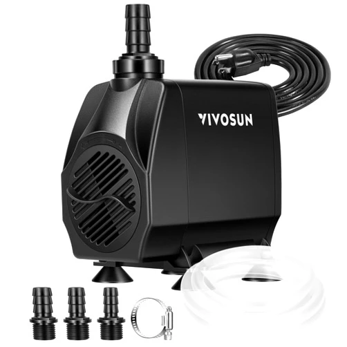 VIVOSUN 1050 GPH 100 W Submersible Water Pump, Quiet Fountain Pump with 13.1 ft Head Lift, 6.6 ft Power Cord, 3 Nozzles, 6.6 ft Tubing, & 2 Clamps, For Fish Tank, Pond, Aquarium, Hydroponics