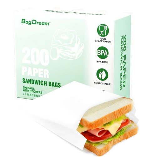 BagDream Paper Sandwich Bags 7.9x6.3x1.96 Inches 200ct Sealable with Thank You Stickers, White Glassine Paper Sack Bags for Sandwich, Food Storage,Treat, Cookies, Burger