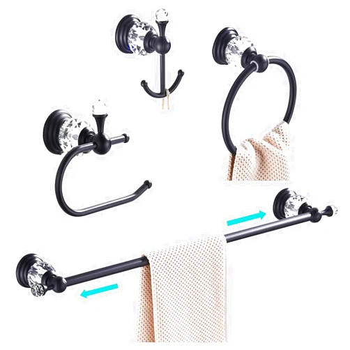 WOLIBEER Crystal Bathroom Hardware, Black 24 Inch Towel Bar Set Toilet Paper Holder Towel Ring Coat Hooks Bathroom Accessories 4 Pieces Wall Mounted