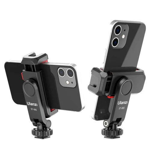ULANZI Phone Tripod Mount ST-06S, New Universal Smartphone Mount Adapter with 2 Cold Shoe, 360° Rotates Adjustable Cell Phone Clip Clamp Holder, Compatible with iPhone, Samsung Galaxy and All Phones