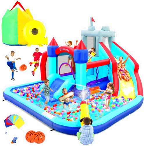 ROOJER Inflatable Bounce House Water Slide for Kids 10-in-1 Blow Up Water Park with Blower, 2 Sprinkler Water Slides, Climbing Wall, Cannon, Splash Pool, Football, Basketball Hoop Backyard Party Gifts