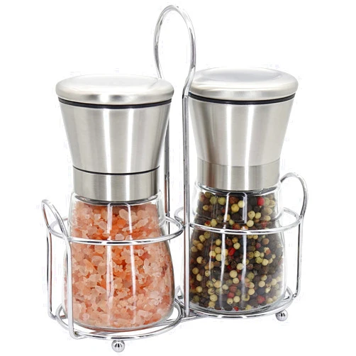 Mincham Premium Stainless Steel Salt and Pepper Grinder Set - Short Glass Shaker, Pepper Mill & Salt Mill with Adjustable Coarseness, Refillable for Himalayan or Sea Salt, Black Peppercorn, with Bonus Stand