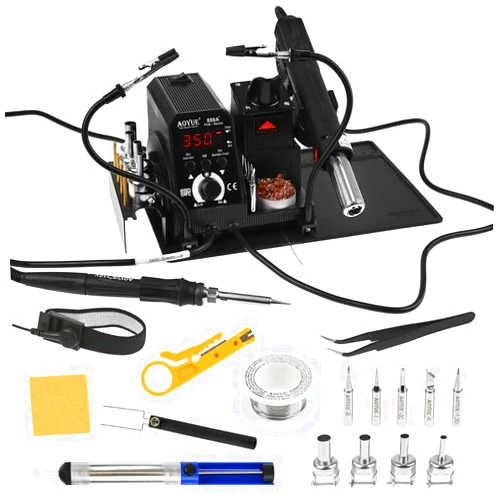 Aoyue 888+ PCB Series 2-in-1 Hot Air Gun Soldering Kit for Electronics - Includes Soldering Mat, Helping Hands, Solder Wire, Brass Coils, Desoldering Pump, Extra Tips and Nozzles, and ESD Wrist Strap