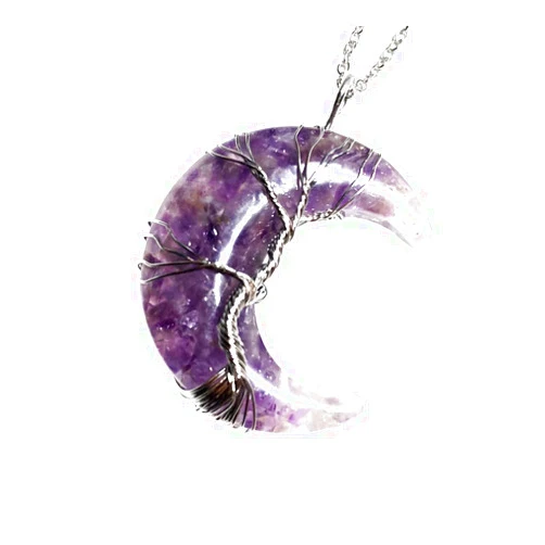 CH.yishi Tree of Life Necklace Moon Natural Raw Clear Rock Crystal Quartz Pendant Silvery Wire Wrapped Reiki Chakra Healing Jewelry for Yoga Meditation Good Energy Gift for Women(amethyst)