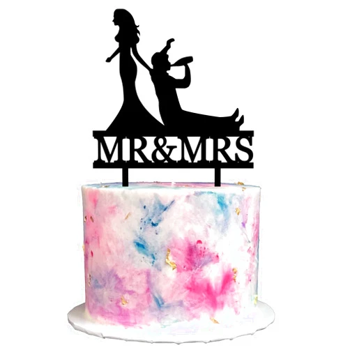 HAKPUOTR Funny Wedding Cake Topper - Bride Pulling the Drunk Groom Cake Topper, Mr and Mrs Cake Decor