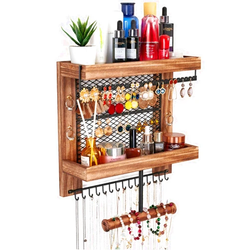 Pinzoveco Hanging Jewelry Organizer Wall Mounted With Wall Jewelry Organizer Holder For Necklaces Bracelet Earrings Ring (Rustic Wood)