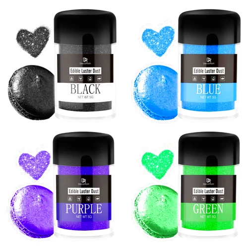 DecorRom Edible Glitter Set - Luster Dust Edible Set 4 Metallic Colors - Food Grade Coloring Glitter Shimmer Dust Powder, Dusting Powder for Cake Decorating, Baking, Drinks, Fondant, Candy, Cookie - 5g Each