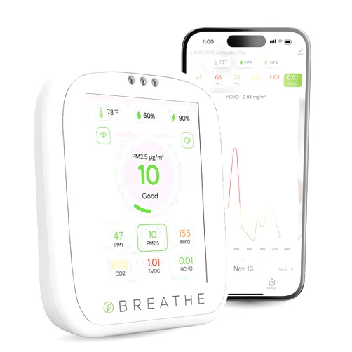 BREATHE Airmonitor Plus: Smart Air Quality Monitor Indoor - 8-in-1 CO2 Meter, Formaldehyde Detector, VOC Meter, PM1/2.5/10, Temperature & Humidity - Air Quality Tester for Home with App