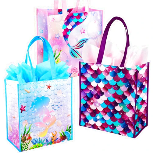 BLEWINDZ Large Gift Bags with Tissues – 3Pcs Mermaid Girls Kids Tote Reusable Gift Bags with Handles for Birthday Party Favors, Baby Showers, Shoppings (13