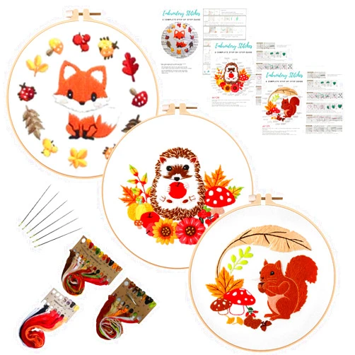 Louise Maelys 3 Set Animal Embroidery Kits for Beginners with Autumn Squirrel Hedgehog Fox Pattern,Adults Starter Cross Stitch Kit DIY Needlepoint Kits