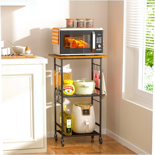 ThreeHio Rolling Kitchen Microwave Cart, 3 Tier Microwave Table Stand with Adjustable Shelf, Kitchen Storage Rack on Wheels, Coffee Station Cart Rack Shelf Organizer for Living Room Office, Balcony