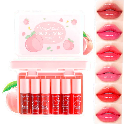 Eakroo 6 Colors Peach Lip Stain Set, Korean Lip Gloss Mini Liquid Lip Tint, Lipstick for Women, Liquid Blush, Lip Plumper, Lip Stain Long Lasting Waterproof, High Pigment, Vivid Color, Cute Stuff