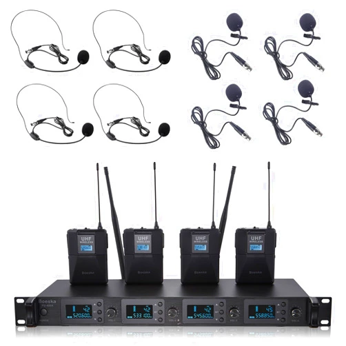Boeska Wireless Microphone System 4 Channel UHF 4 Lavalier Lapel Headset Mics for Karaoke Church Speaking Conference Meeting Party, 4x25 Adjustable Frequency (4 Bodypack)
