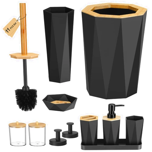 LMDO 11 Pcs Bathroom Accessories Set, Matte Black and Bamboo Lid Including Toilet Brush, Trash Can, Toothbrush Holder, Soap Dispenser, Soap Dish, Cup, Tray, and Canister, SS Suction Cup Hooks x 2 Pcs