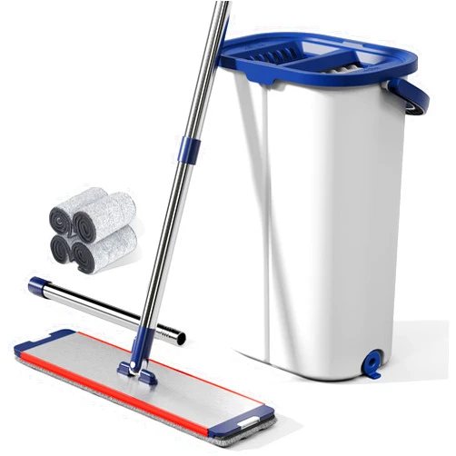 WBKATN Large Mop and Bucket with Wringer Set for Home, Hands Free Flat Floor Mop and Bucket System with 4 Washable Microfiber Pads, Wet and Dry Use, Mops for Floor Cleaning, Two Bucket Mop System