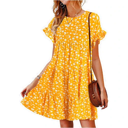 Chuanqi Womens Ruffles Boho Floral Printed Babydoll Loose Swing Casual Short Mini T-Shirt Dress