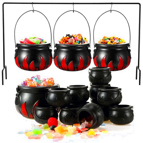 Sawysine Halloween Party Decorations Candy Bucket, 17 Pcs Witches Cauldron Serving Bowls on Rack 2 Size Plastic Candy Cauldron Kettles with Stand for Home Indoor Outdoor Candy Holder (Flame Style)