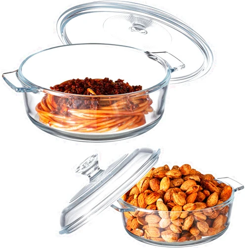 Maxcheck 2 Pieces Glass Casserole Dish with Lid Baking Casserole Dish Covered Cookware Microwave Bowls with Handle for Kitchen Restaurant Home Party Cooking, Oven Safe (Round,0.8L/ 1.7L)