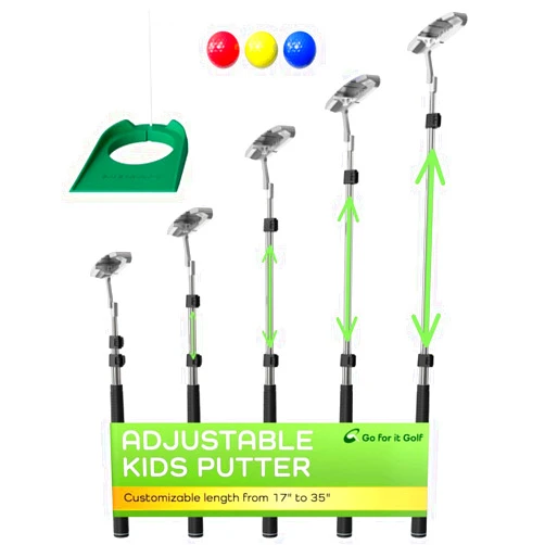 Go For It Golf Kids Putter Set with Extendable Shaft – Adjustable Mini Golf Putter for Junior Golfers – Left & Right-Handed Training Club – Includes 3 Balls – Silver, 17