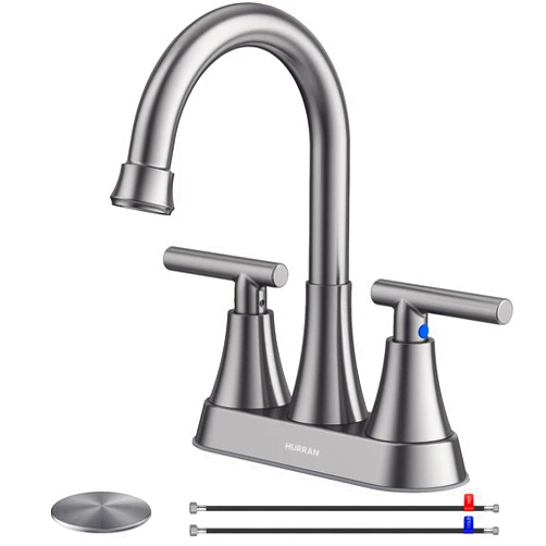 Hurran Bathroom Faucets for Sink 3 Hole, Hurran 4 inch Brushed Grey Bathroom Sink Faucet with Pop-up Drain and Supply Hoses, Stainless Steel Lead-Free Centerset Touch On Faucets for Vanity RV