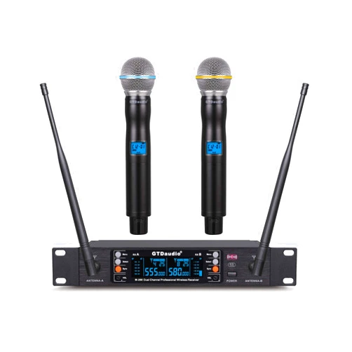 GTD Audio 2x100 Adjustable Channels UHF Wireless Microphone DJ Karaoke Mic System Range 400Ft (2 Hand Mics) Black