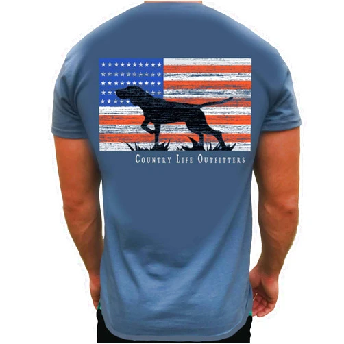 Country Life Outfitters Pointer Dog Americaan Flag Indigo Blue Mens Short Sleeve T-Shirt