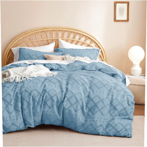 Bedsure Boho Duvet Cover Queen - Boho Bedding, Tufted Queen Duvet Cover for All Seasons, 3 Pieces Embroidery Shabby Chic Home Bedding Duvet Cover Set(Mineral Blue, Queen, 90x90)