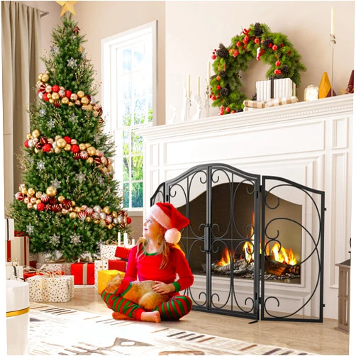 YITAHOME Folding Fireplace Screen with Doors, 50.39x32.28in Large Flat Guard Inoor Fire Screens Solid Wrought Iron Frame with Metal Furnace Fireguards Safe Spark Protector for Living Room