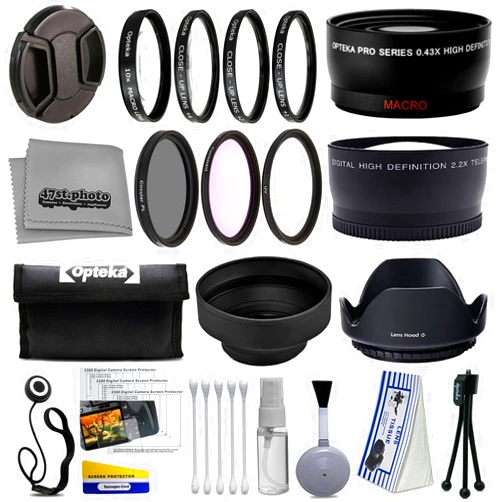 47th Street Photo Opteka 0.43X Wide Angle & 2.2X Telephoto Lens Accessory Kit with 3PC Filter Set (UV, CPL, FL), Close-Up 4PC Macro Lens Set (+1, 2, and +4 and 10x Macro) + Lens Hoods, Cleaning kit and More! 58mm