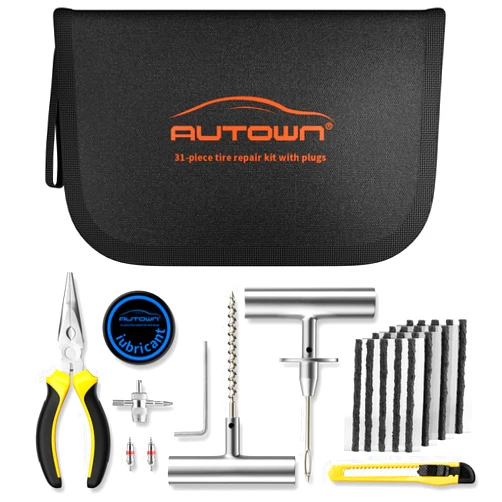 AUTOWN Flat Tire Repair Kit with Plugs 31 Pcs for Car, Motorcycle, ATV, Jeep, Truck, Tractor Flat Tire Puncture Repair
