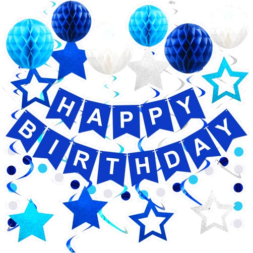 meowtastic Blue Birthday Decorations - Navy Blue Happy Birthday Banner with Honeycomb Ball, Star Hanging Swirl Streamer, Circle Dot Garland Decorations - Birthday Party Decorations for Men Boys Women
