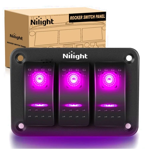 Nilight 3 Gang Aluminum Rocker Switch Panel 5 Pin ON Off Pre-Wired Pinkish Purple Toggle Switch SPST 12V 24V Night Glow Stickers for Cars Marines Boats Campers RVs