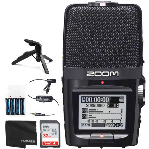 Zoom H2n 2-Input / 4-Track Portable Handy Recorder with Onboard 5-Mic Array + SanDisk 32GB Memory Card + Lavalier Mic + Batteries & Charger + Tabletop Tripod - Top Value Bundle