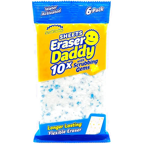 Scrub Daddy Eraser Daddy Sheets - 10x More Durable Than Traditional Erasers with Scrubbing Gems - Removes Dirt, Scuffs & Stains - Water Activated Sponge Eraser Sheets (6 Pack)