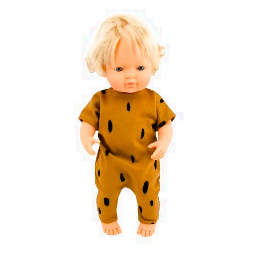 Przytullale Miniland doll romper, 38 cm doll romper, doll clothes, boy doll clothes, 15 inch Miniland romper , cotton romper for Miniland (Caramel with black spots)